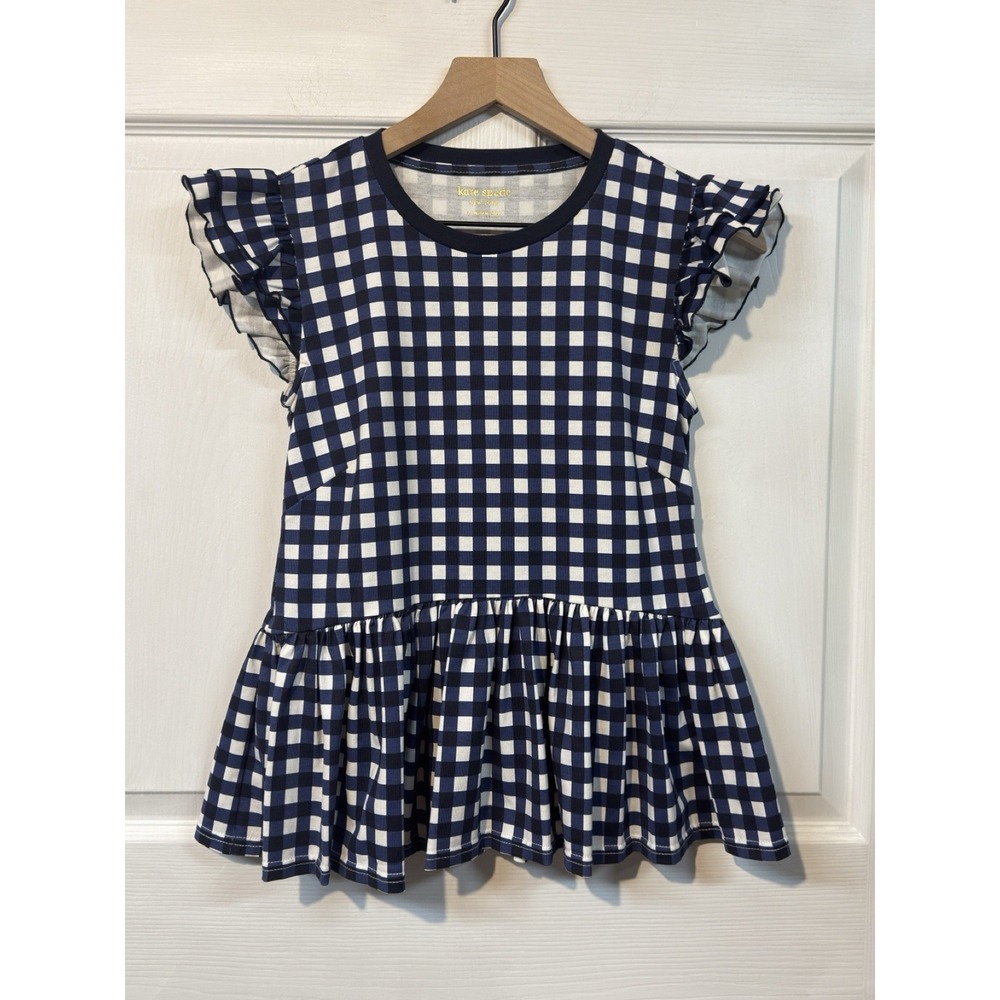 Kate Spade New York Womens Size S Blue Gingham Check Peplum Tee Top